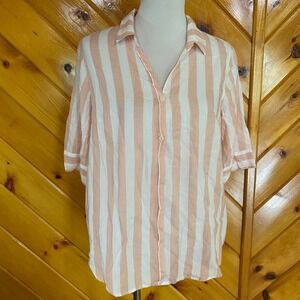 J. Crew Peach White Striped Button Down Shirt Top Blouse Women's Medium Tall